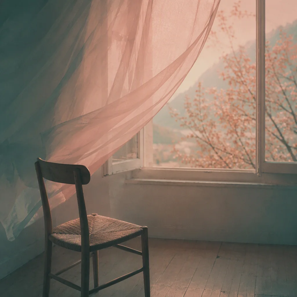 A sheer curtain moving at an open window with a single empty chair in the foreground, pastel editorial photography