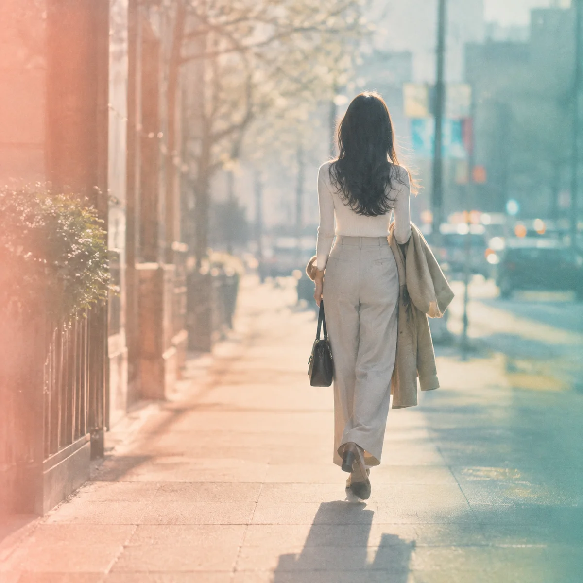A person seen from behind walking away along a sunlit pavement, long soft shadow, blurred street behind