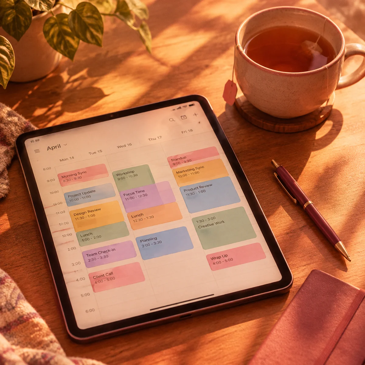 Warm duotone photograph of a tablet showing a shared digital calendar with overlapping colored time blocks and a cup of tea