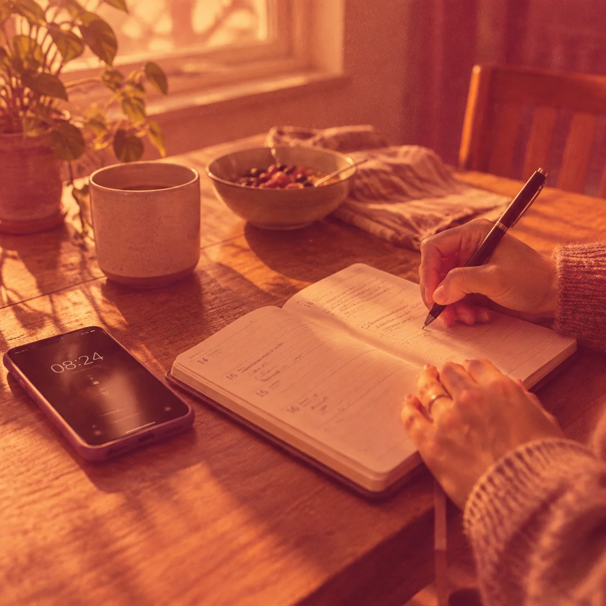 Warm duotone photograph of two hands writing in an open paper planner at a kitchen table with a phone showing a clock