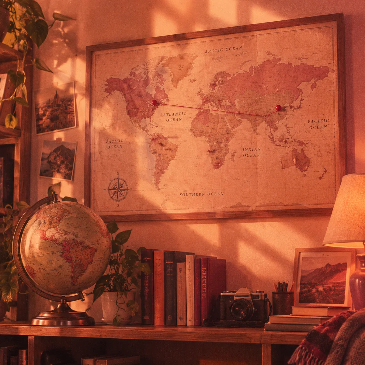 Warm duotone photograph of a framed world map with pins and connecting string between two cities and a globe below