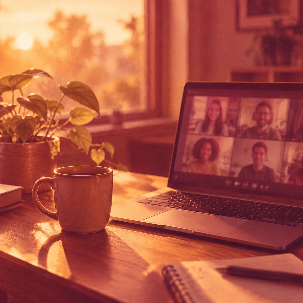 Warm duotone photograph of a laptop showing a video call grid with a ceramic mug and small plant beside it in afternoon light