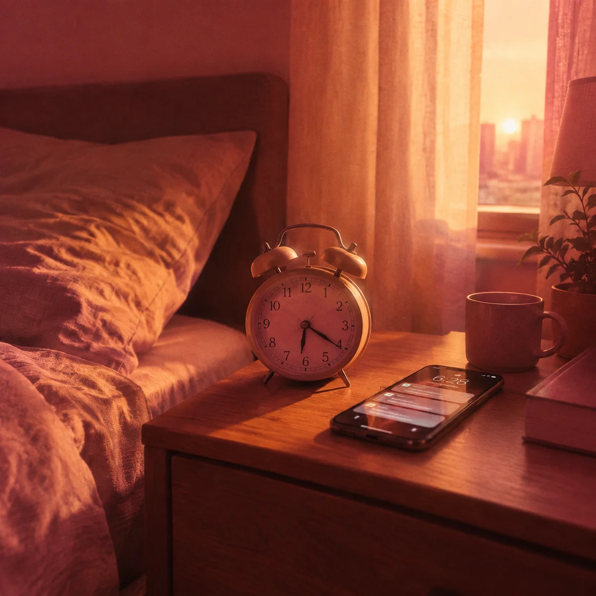 Warm duotone photograph of an alarm clock and a phone lighting up with notifications on a nightstand at dawn