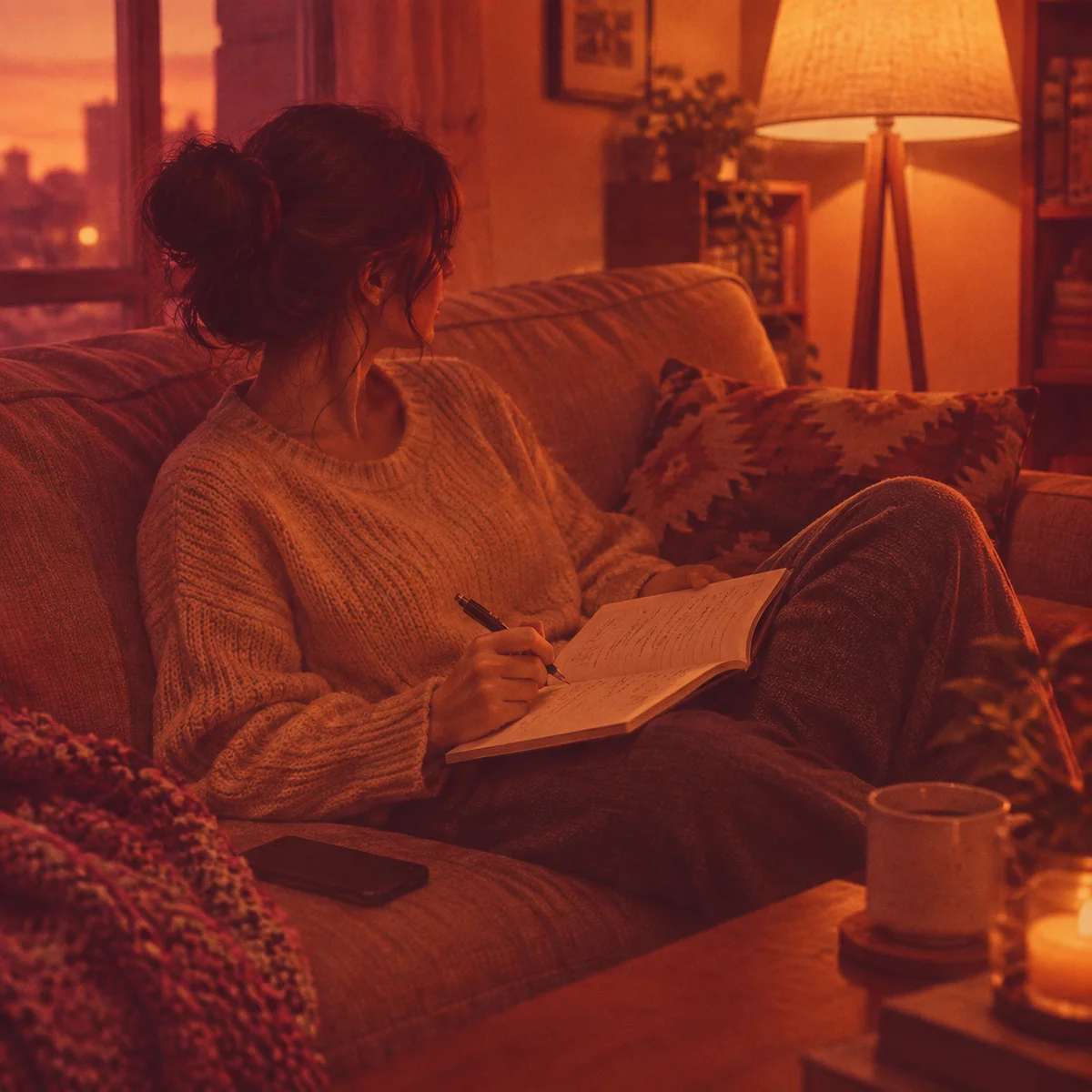 Warm duotone photograph of a person on a couch in the evening with an open journal and a lamp in the corner