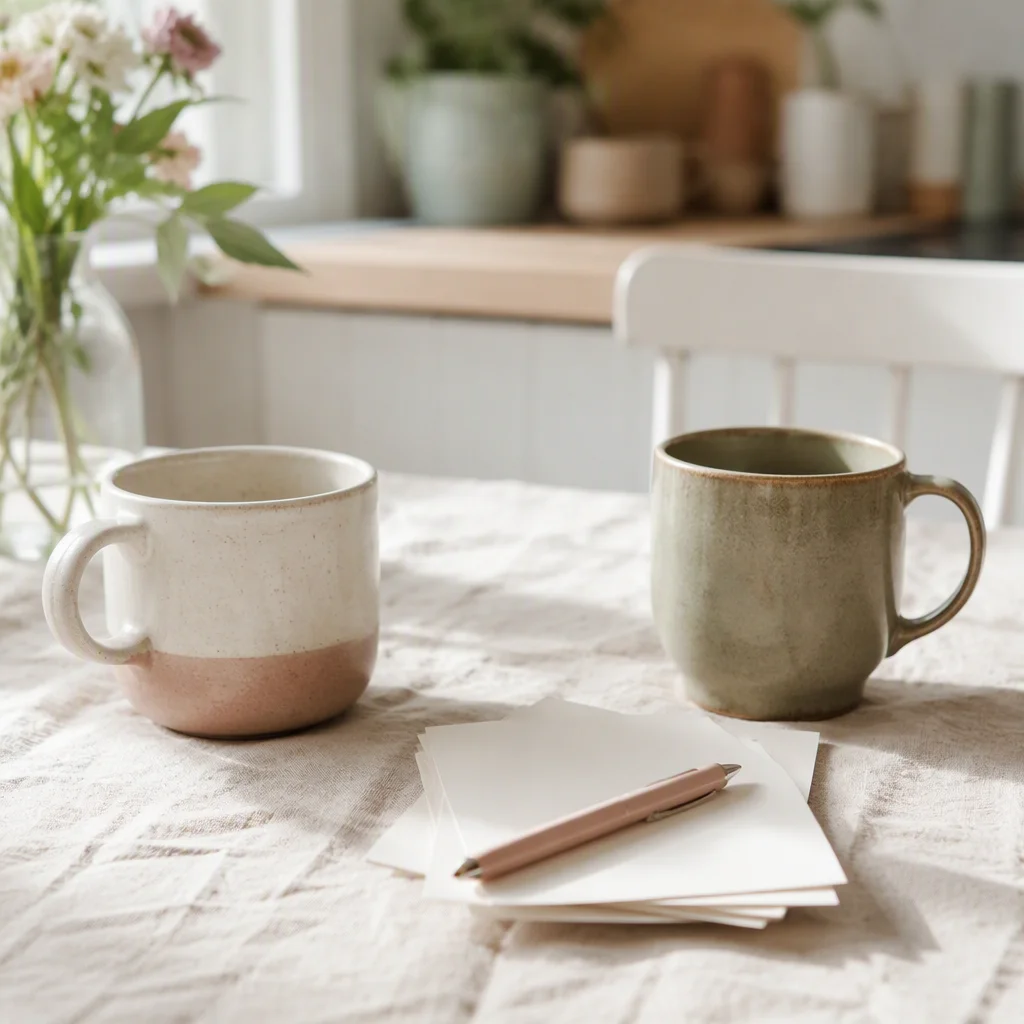 Two mismatched mugs and a small stack of blank cards with a pen on a linen tablecloth, bright kitchen daylight
