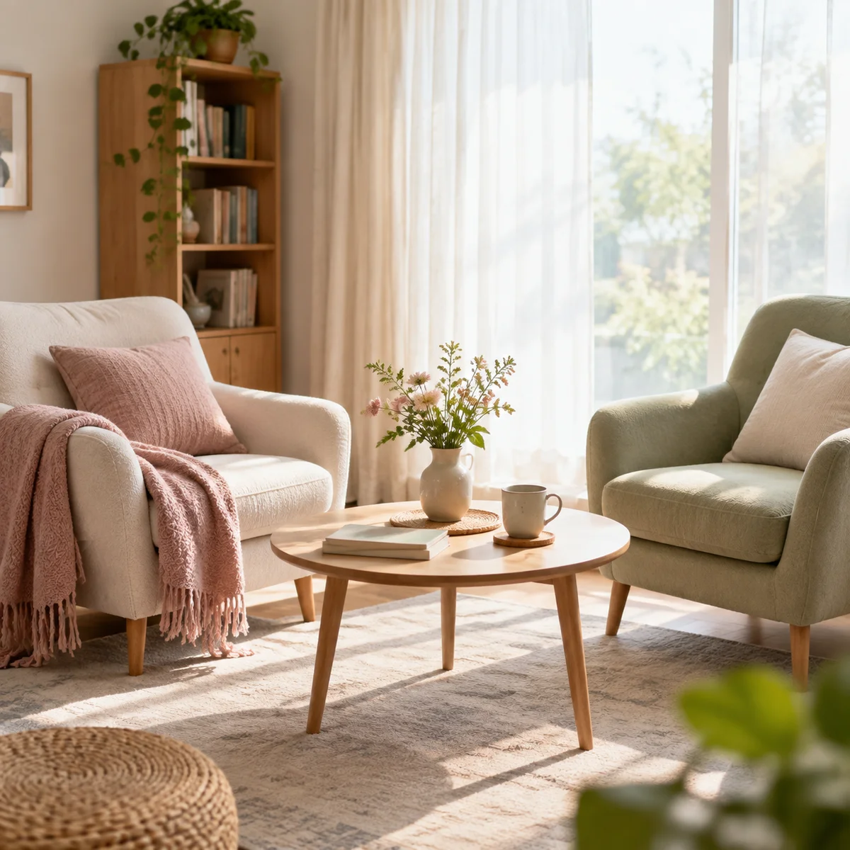 A window with rain running down the glass and two ceramic bowls on the sill, muted garden blurred outside