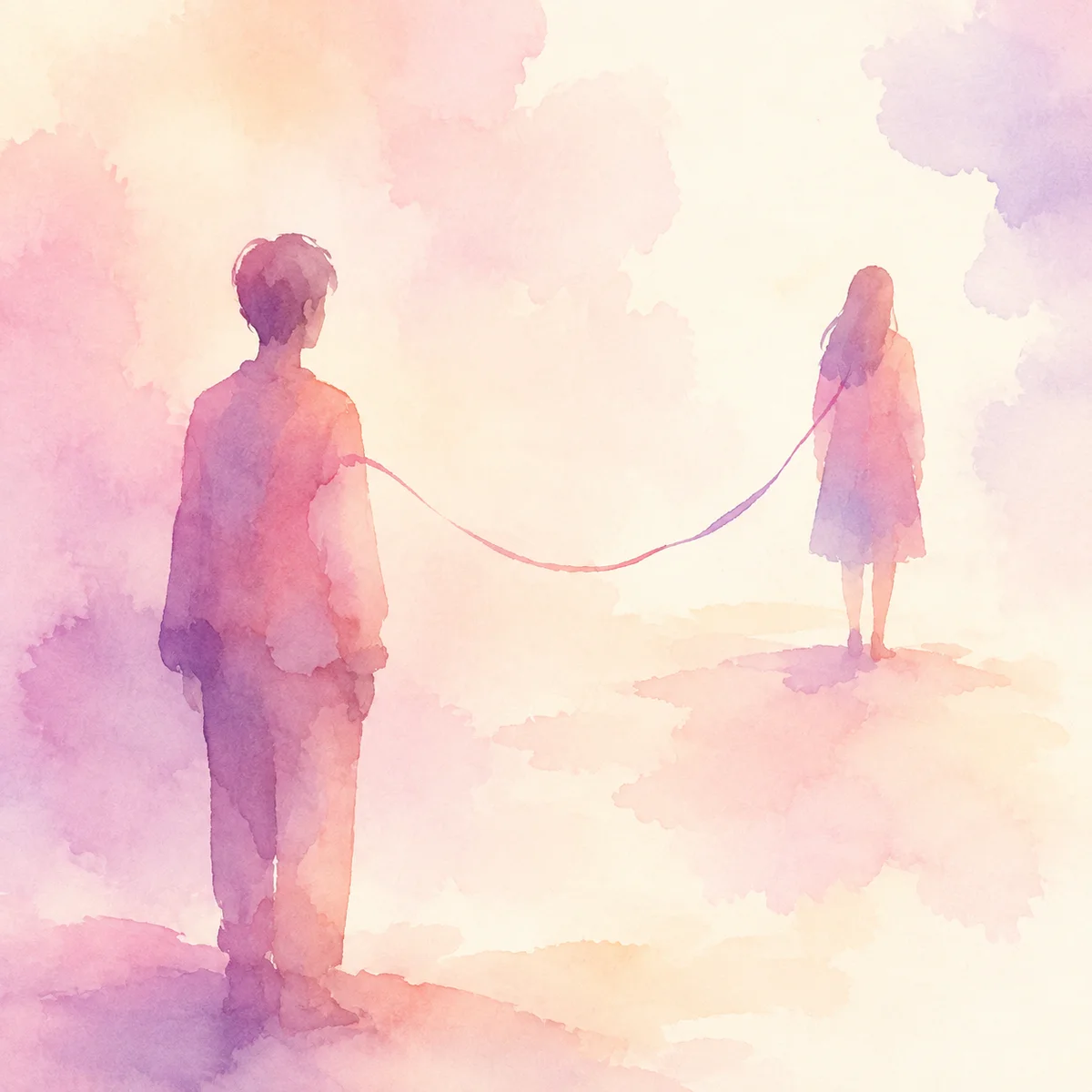 Soft watercolor of two abstract figures at different distances, representing different relationship entanglement levels in polyamory