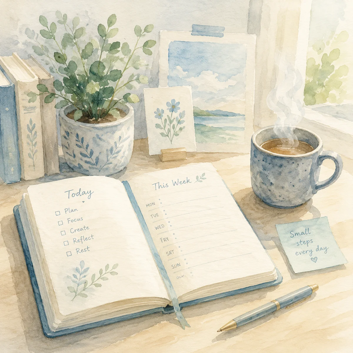 Watercolor of a desk with a planner and coffee representing intentional time planning