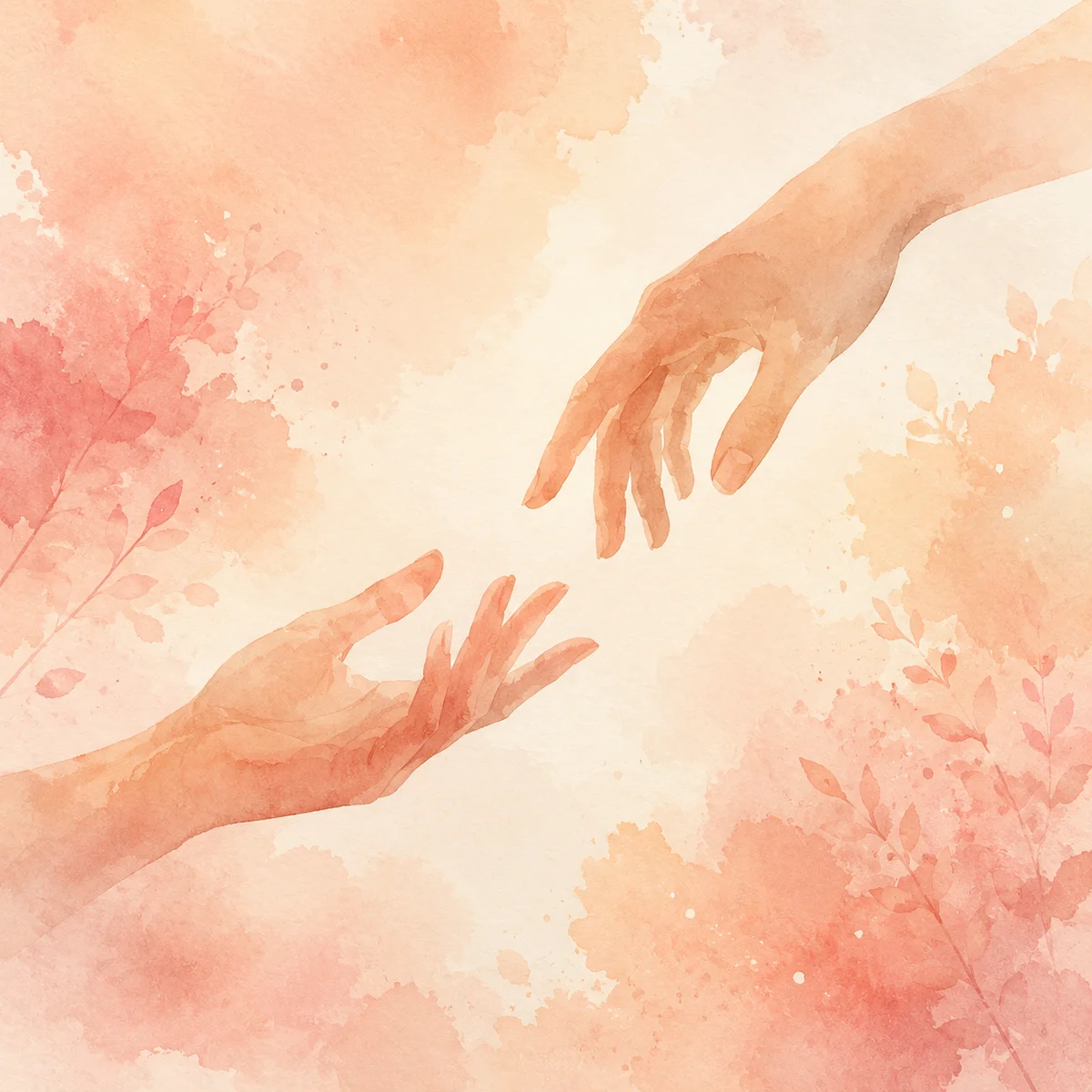 Watercolor of two hands reaching toward each other with space between them