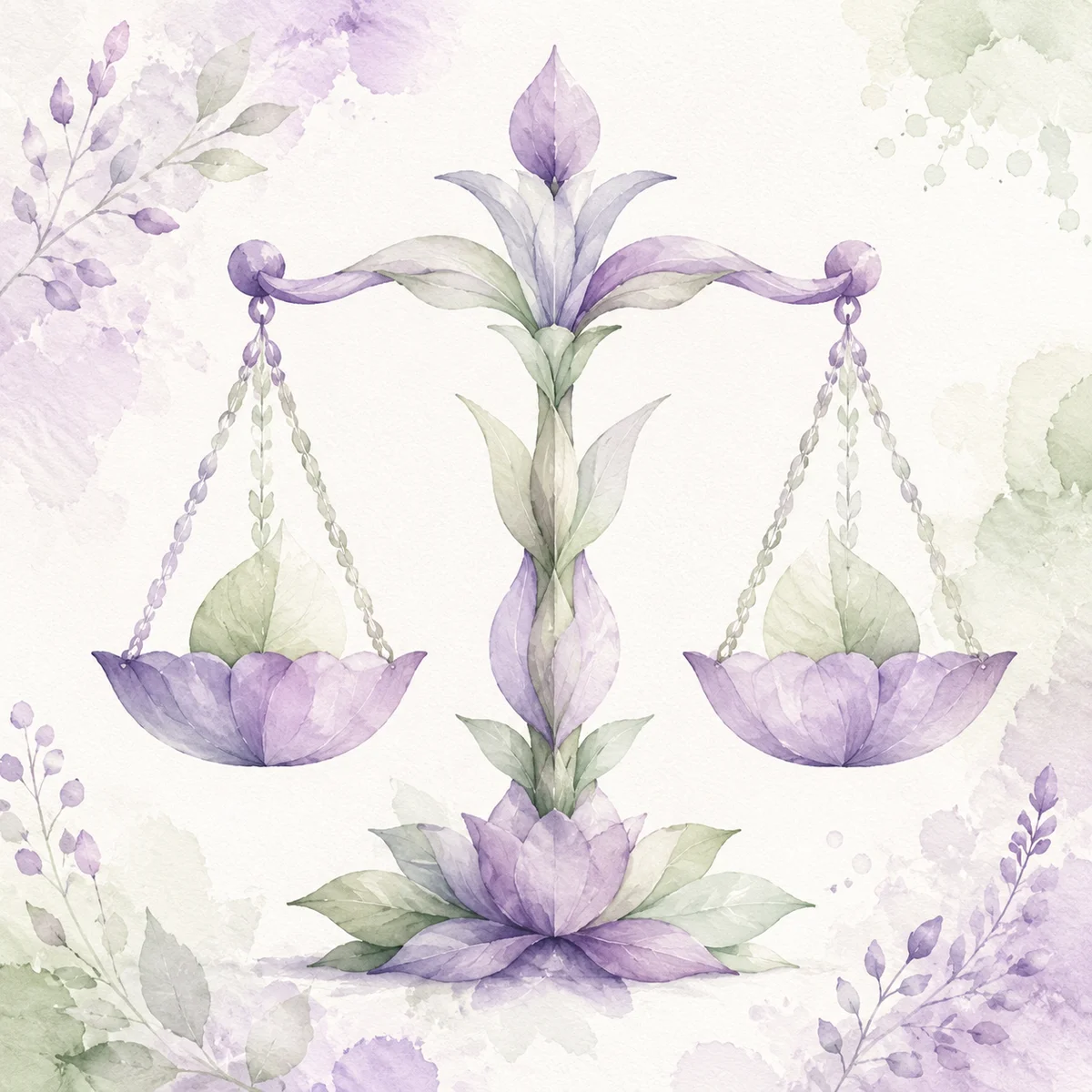 Watercolor of balanced scales made of soft shapes representing fairness in a secondary relationship