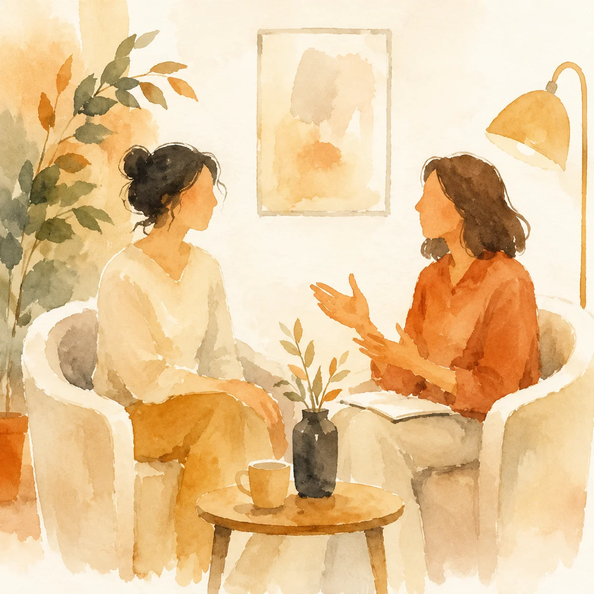 Watercolor of two abstract seated figures in conversation representing a check-in