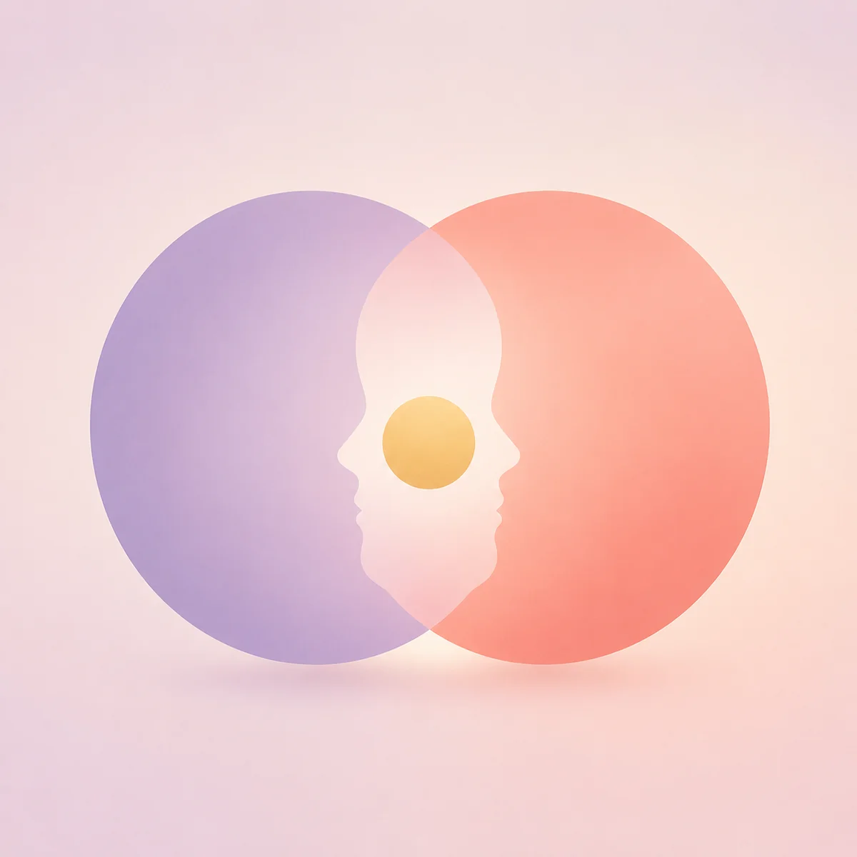 Two interlocking circles with a central gold dot showing metamours connected through a hinge partner