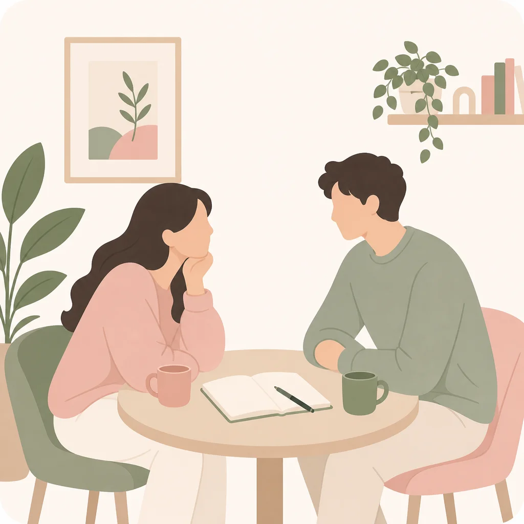 Two partners having a RADAR check-in at a table with a notebook