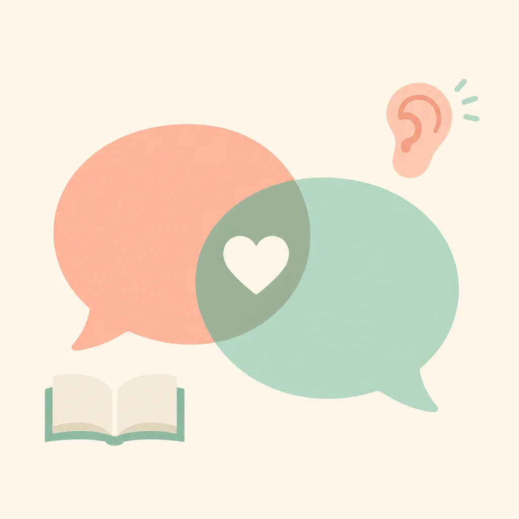 Two overlapping speech bubbles representing active listening during a check-in
