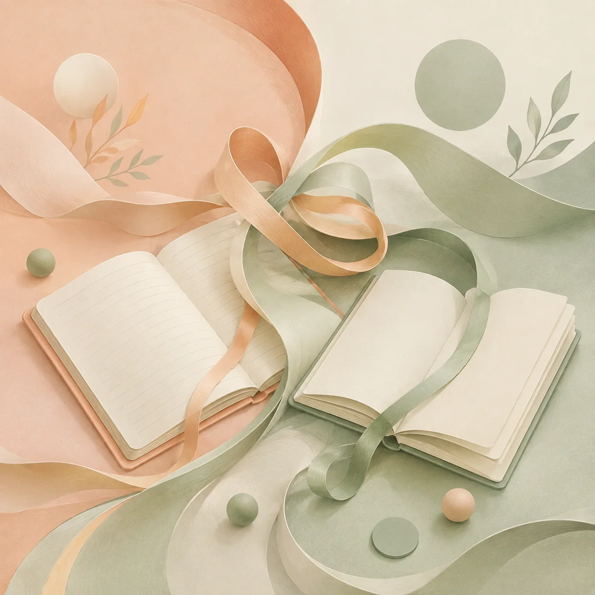 Open notebooks and flowing ribbons symbolizing rewriting relationship rules