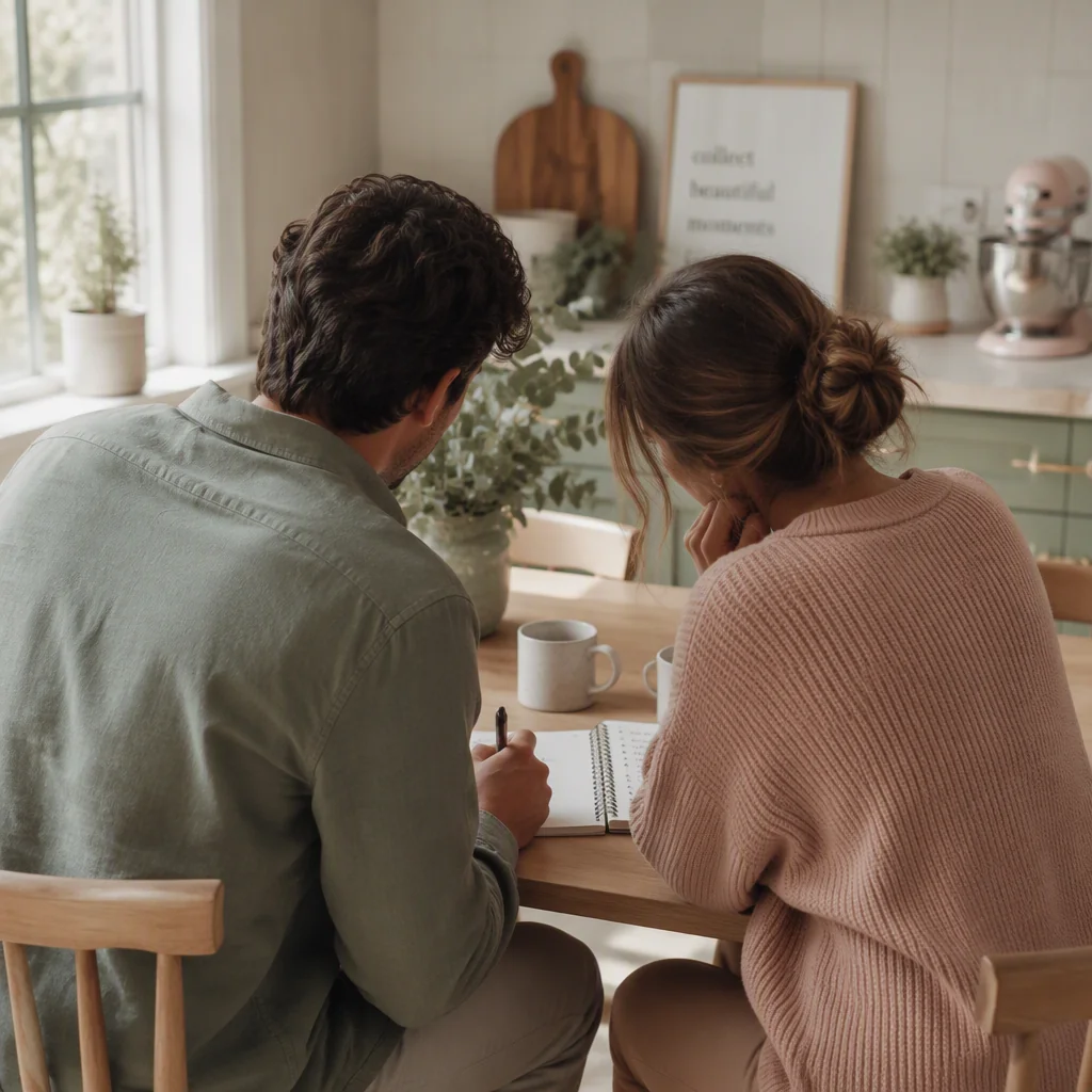 A couple reviewing a shared notebook together, illustrating emotional labor in non-monogamy