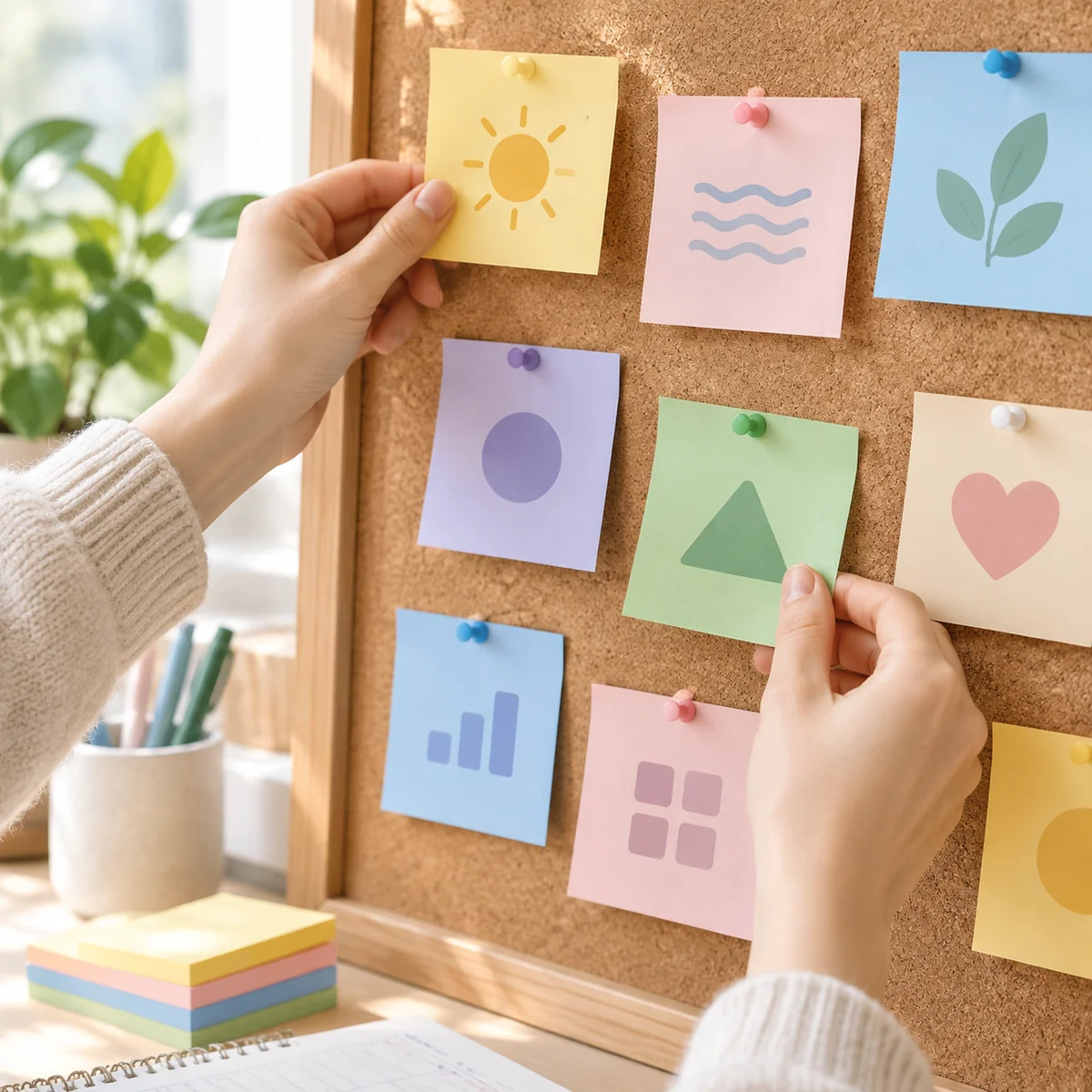 Hands organizing sticky notes, making invisible relationship work visible
