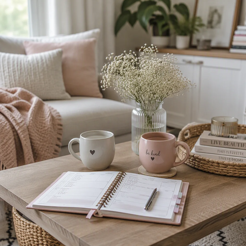 A planner and two mugs, symbolizing the coordination work in non-monogamy