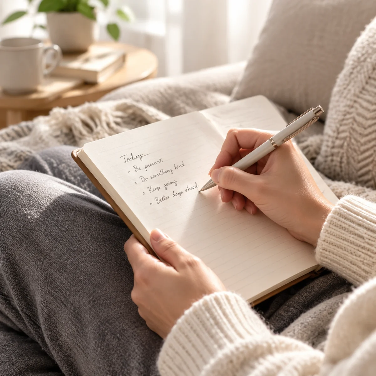 Hands writing a list, the first step in balancing emotional labor