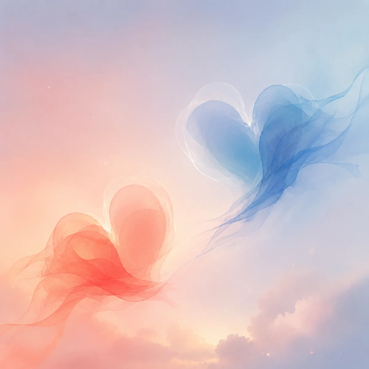Two translucent heart-like forms drifting apart symbolizing limerence