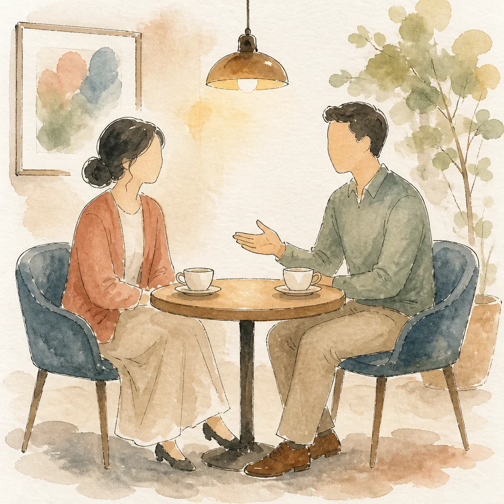 Trauma-informed non-monogamy conversation between two people, soft watercolor illustration