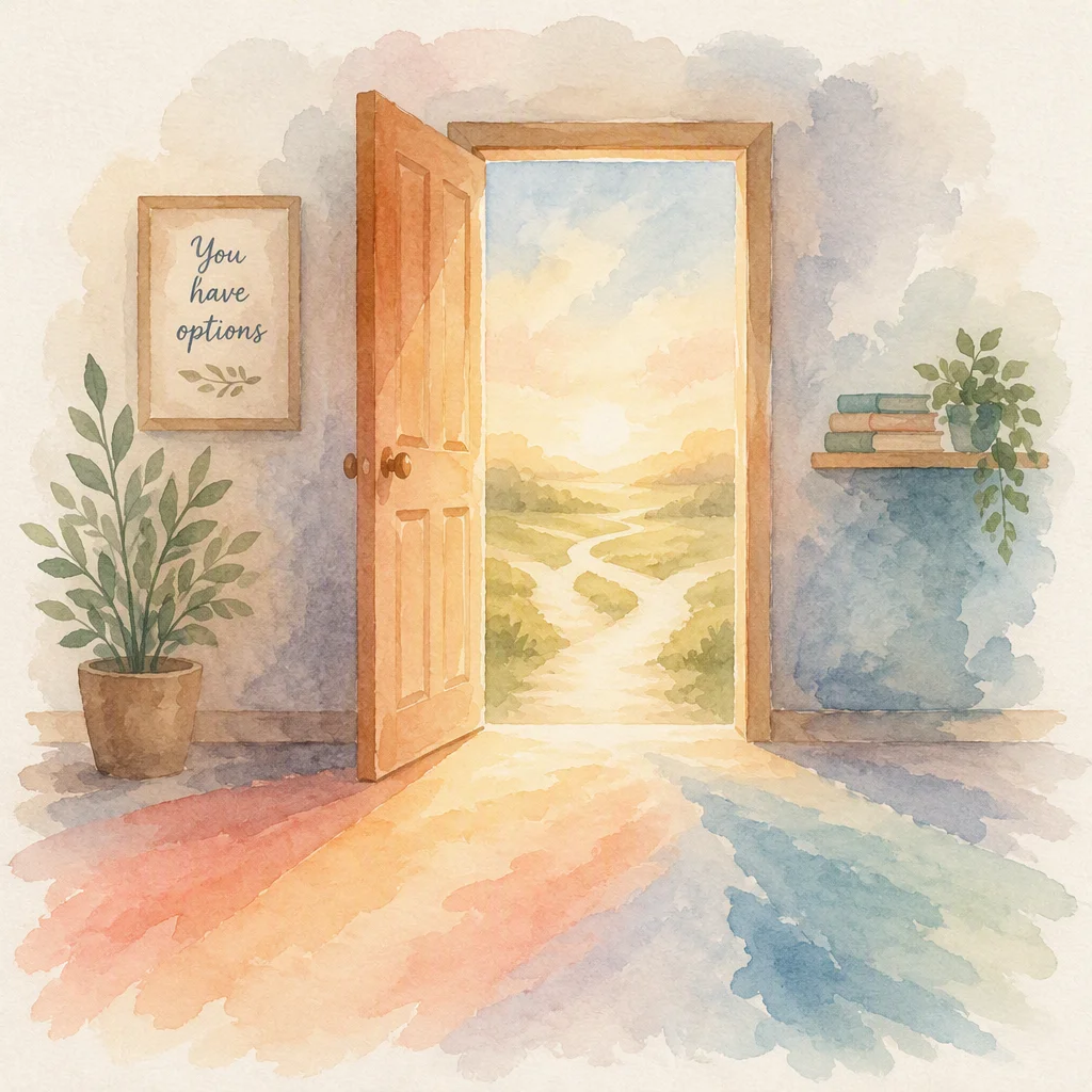 Open door with warm light in watercolor