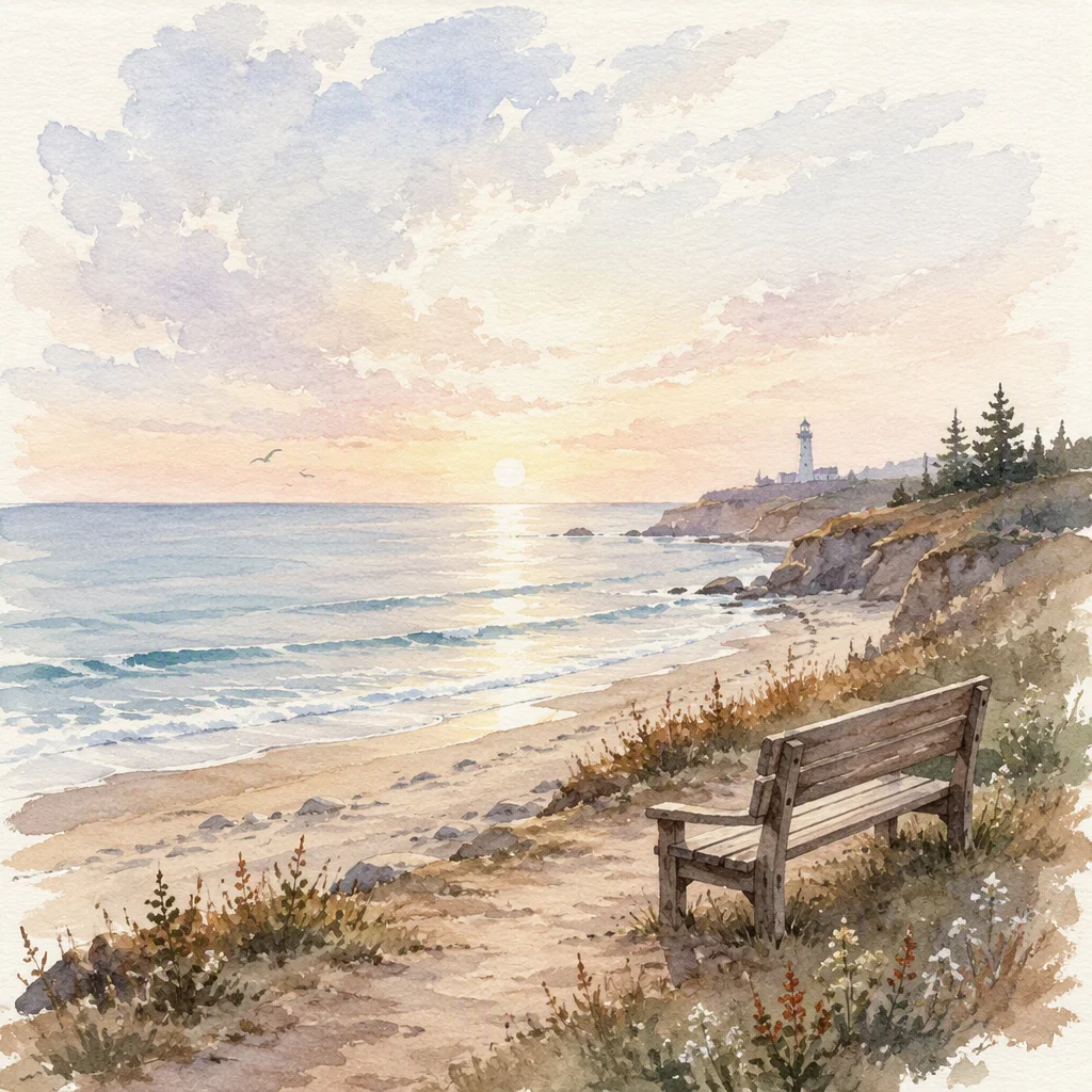 Calm shoreline illustrating pacing in trauma-informed non-monogamy, watercolor