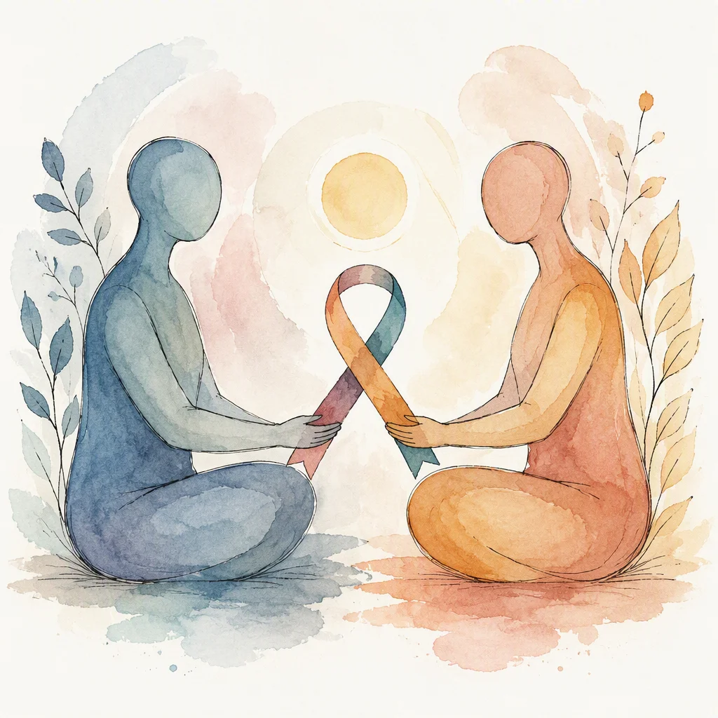 Two figures holding a shared ribbon in watercolor