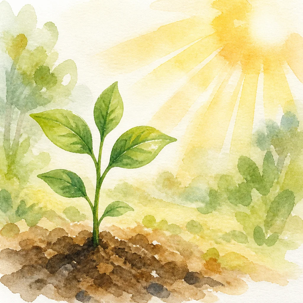 Small plant growing in sunlight watercolor